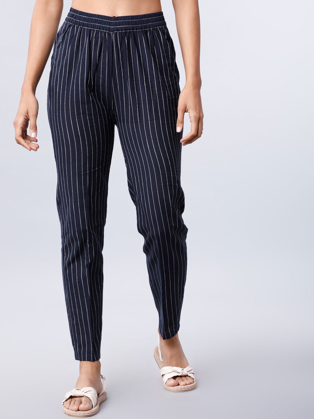 Navy Blue and White Cotton Stripe Women Pant-40499